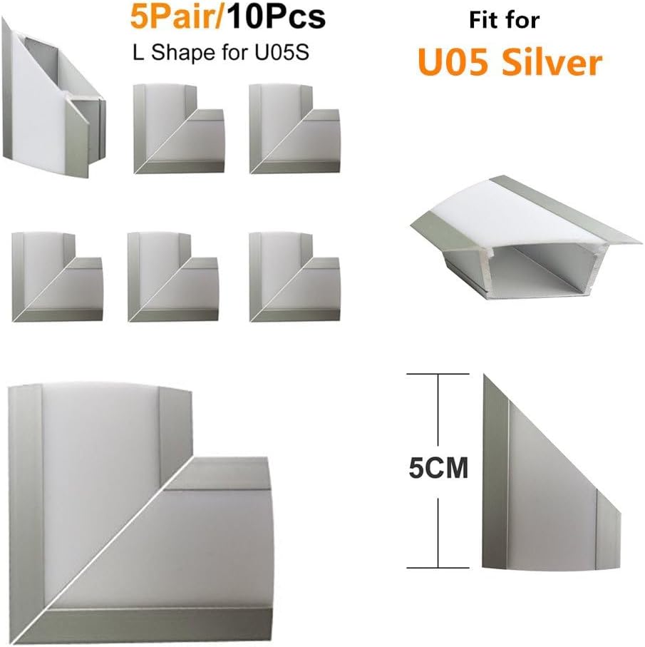 LightingWill 5Pair/10Pcs Silver Spliced L-shape LED Aluminum Channel Corner Adapter for U05S Solution for 90 Angle Turning Corner Cabinet Bar Kitchen Wardrobe Installation -U05SL10