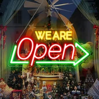WE ARE OPEN Integrated LED shop signs – USB Powered | 16.1×7.8 inch | Arrow Shape LED Window Sign |  Yellow + Red + Green Glow for Cafes, Restaurants & Retail Shops