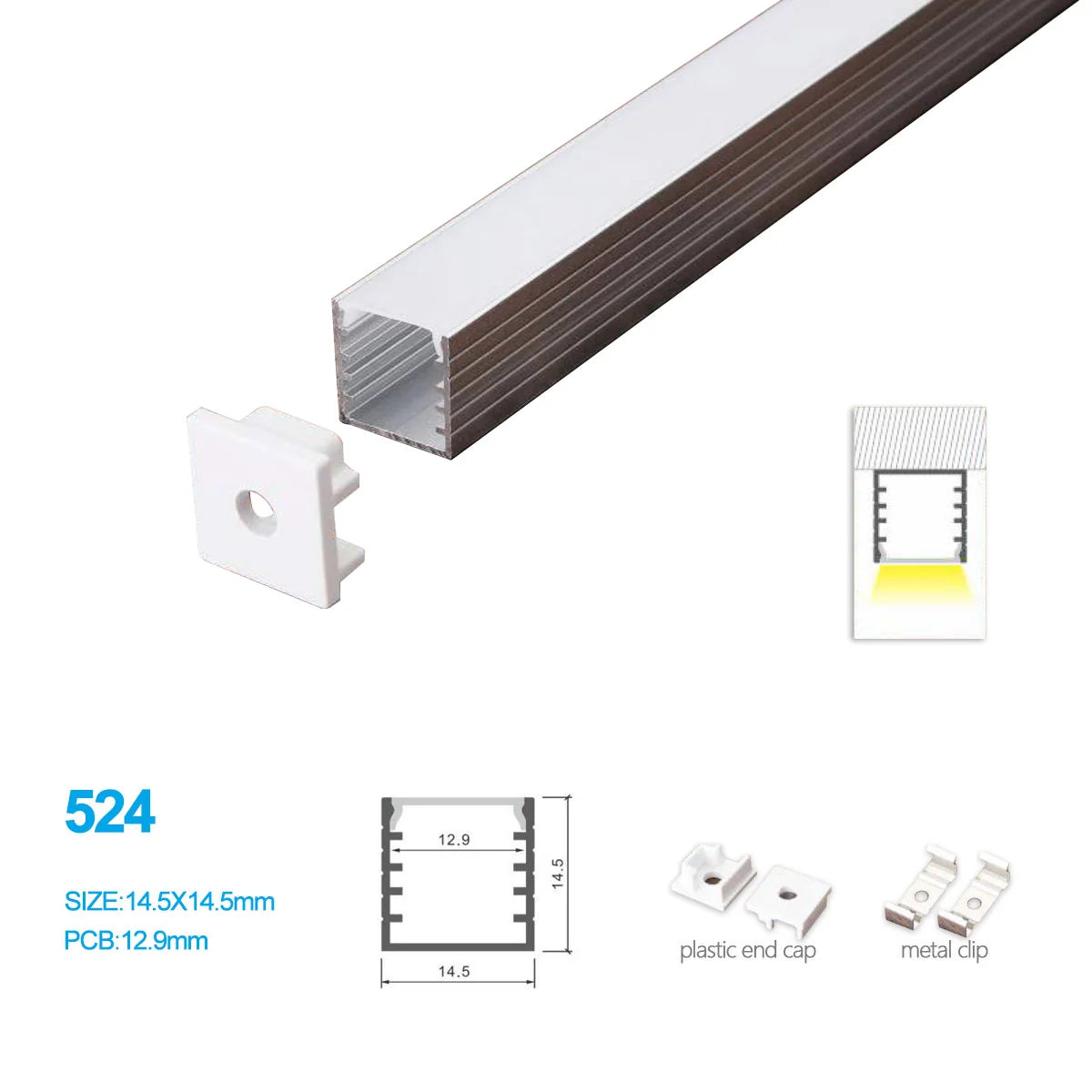 Silver 524-B 14.5 × 14.5mm LED Aluminum Channel, 12.9mm Inner Width, with Milky White Cover & Installation Accessories