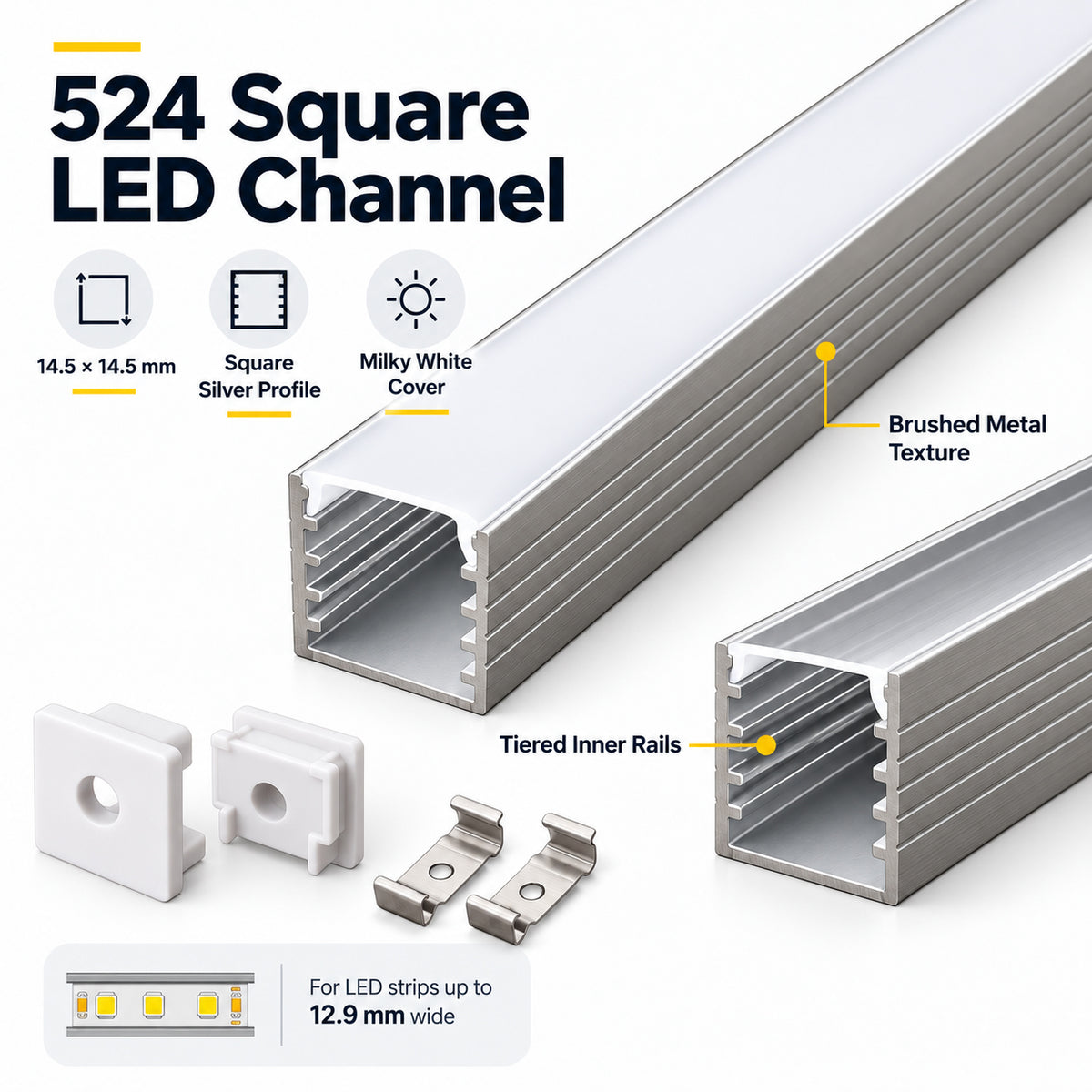 Silver 524-B 14.5 × 14.5mm LED Aluminum Channel, 12.9mm Inner Width, with Milky White Cover & Installation Accessories