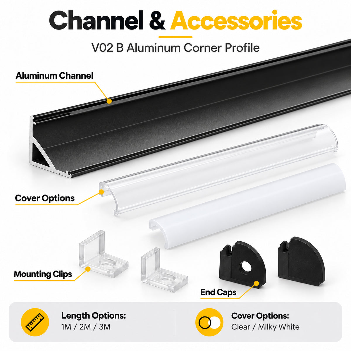 Schwarzer V02 16x16mm V-förmiger gebogener Abdeckungskanal, Innenbreite 12mm, Eckmontage, LED-Aluminiumkanal mit Endkappen und Montageklammern, Aluminiumprofil