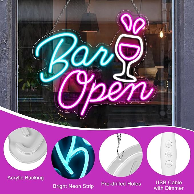 BAR OPEN Silicone LED Shop Sign – 16.5×14.3 Inch | 5V USB Powered Dimmable Commercial LED Sign | White + Pink + Blue Glow with Wine Glass Design | Window Hanging Business Sign for Bars, Restaurants, Cafes & Hospitality Spaces