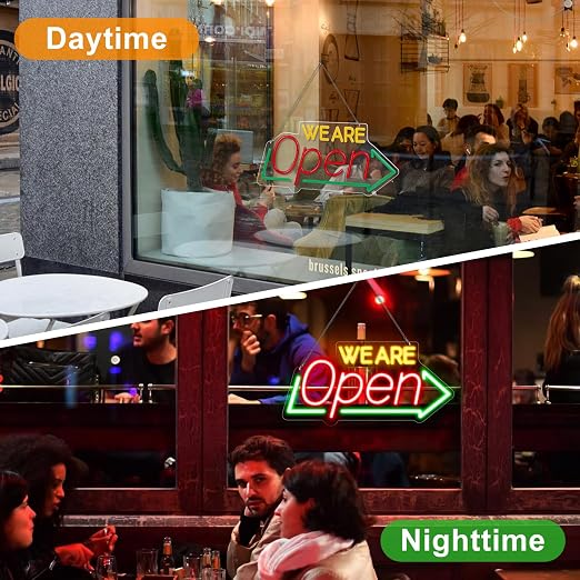 WE ARE OPEN Integrated LED shop signs – USB Powered | 16.1×7.8 inch | Arrow Shape LED Window Sign |  Yellow + Red + Green Glow for Cafes, Restaurants & Retail Shops