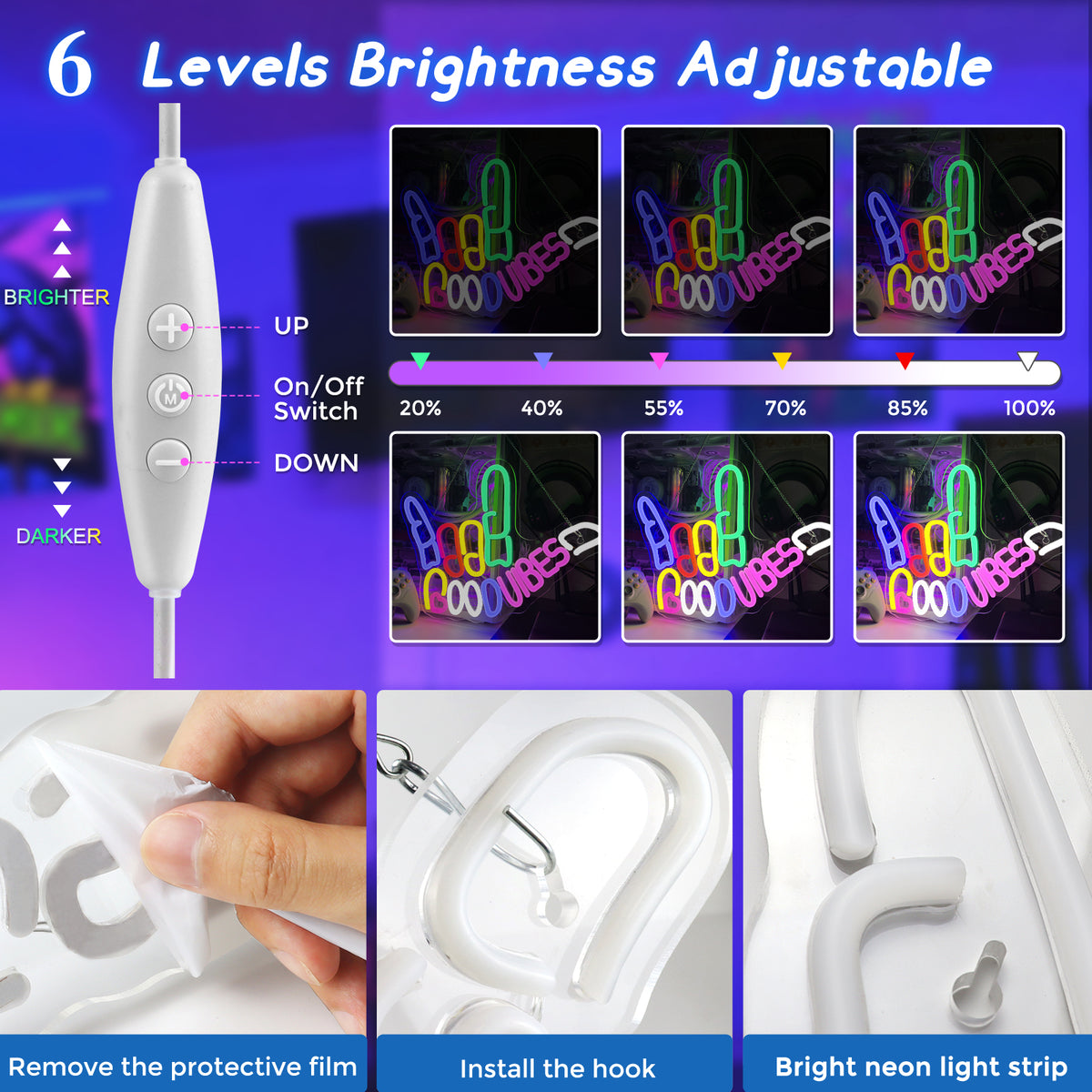 LightingWill "Good Vibes" Neon Sign – Dimmable LED Finger Light, USB Powered Wall Decor for Game Rooms, Bars, Weddings & More