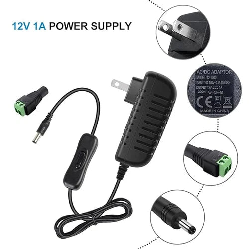 DC 12V Plug-in LED Adapter with On/Off Switch, 24W, US Plug, Black Housing, 100–240V AC Input - Power Supply for LED Strip Lights, Under Cabinet Lighting and Home Lighting