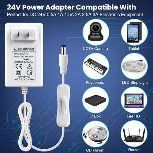 DC 24V Plug-in LED Adapter with On/Off Switch, 72W, US Plug, White Housing, 100–240V AC Input - Power Supply for High Power LED Strip Lights and Home Lighting