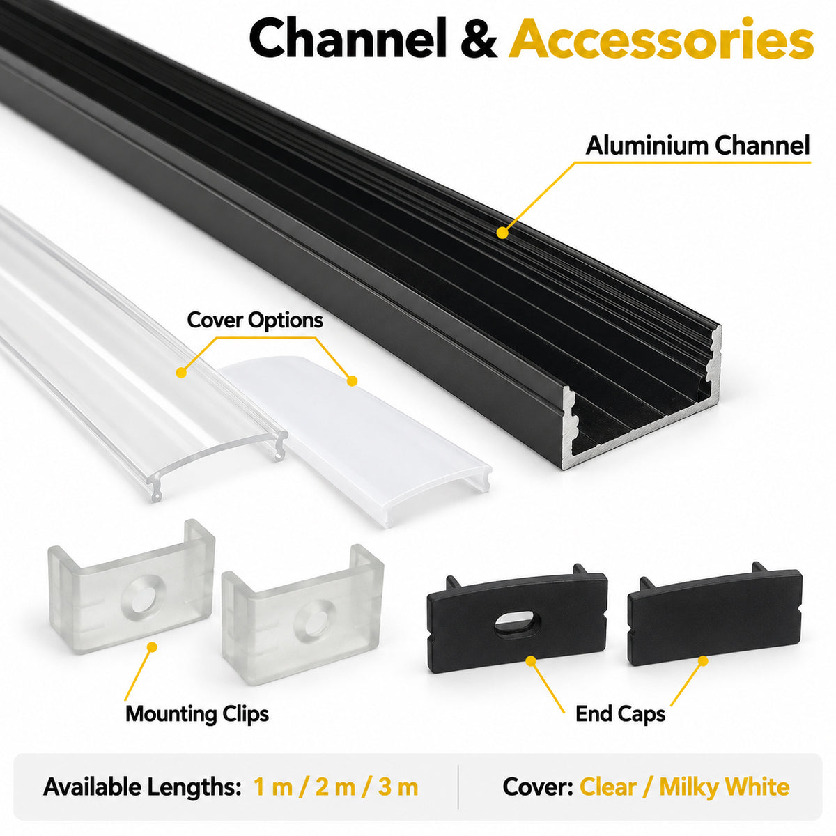 Schwarzes U04 10 x 23 mm U-förmiges Innenmaß 20 mm LED-Aluminium-Kanalsystem mit Abdeckung, Endkappen und Befestigungsklammern, Aluminium-Strangpressprofil für die Installation von LED-Lichtstreifen