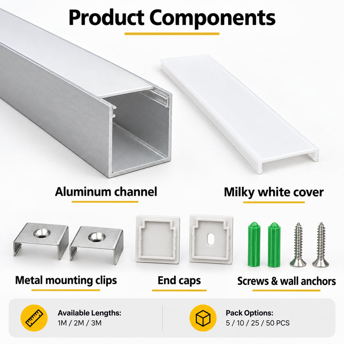 Sliver U06 24 x 24 mm, silberner U-förmiger LED-Aluminiumkanal, schwarzes Gehäuse, Innenbreite 20 mm, mit weißer Diffusor-Abdeckung, Endkappen und Befestigungsclips für die punktfreie Installation von LED-Lichtstreifen