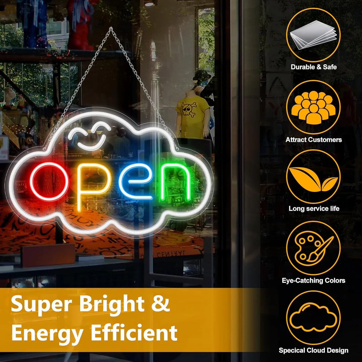 OPEN LED Sign – Fixed Rainbow Glow Neon Sign | Cloud Shape | 2 Sizes | Window Hanging | Plug & Play for Storefronts
