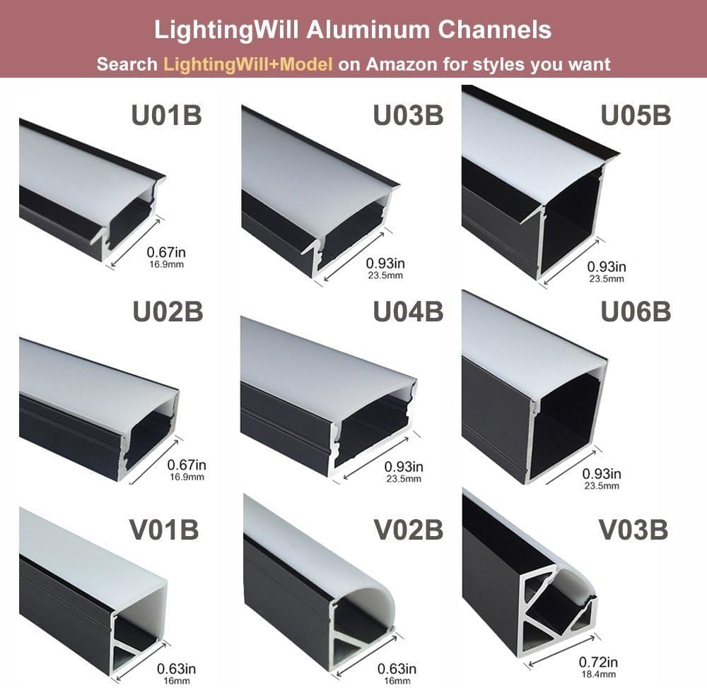 LightingWill 5Pack 6.56ft/2M U-Shape LED Aluminum Channel System with Oyster White Cover, End Caps and Mounting Clips for <20mm Width SMD3528 5050 LED Strips Installation U04B5 (Black)