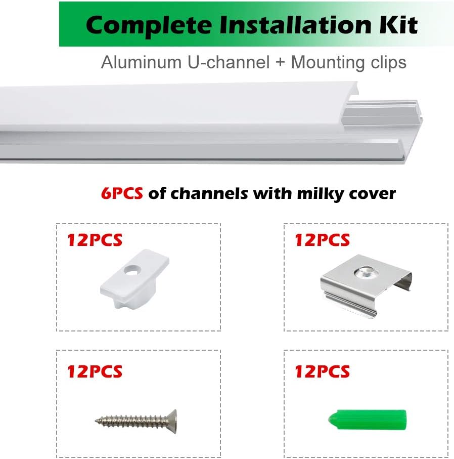 LightingWill 6-Pack 3.3ft/1M Silver U-Shape LED Aluminum Channel System with Cover, End Caps and Mounting Clips Aluminum Profile for LED Strip Light Installations-U02S6