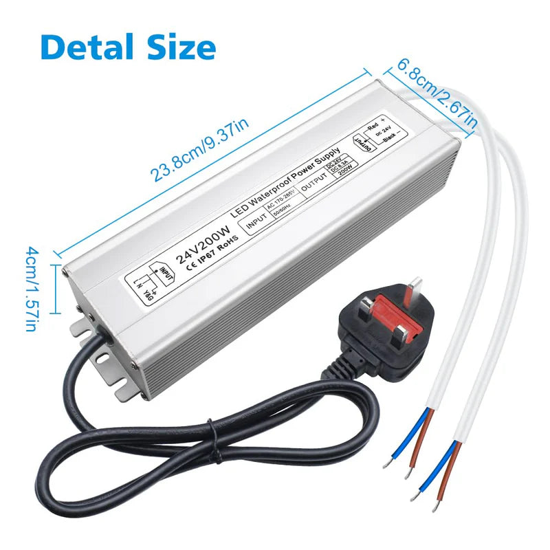 24V Waterproof LED Driver – 200W–500W Outdoor Power Adapter, 175–265V AC Input, Single or Dual Wire Output, CE/RoHS/FCC Certified, UK/EU Plug & Wire Lead Options
