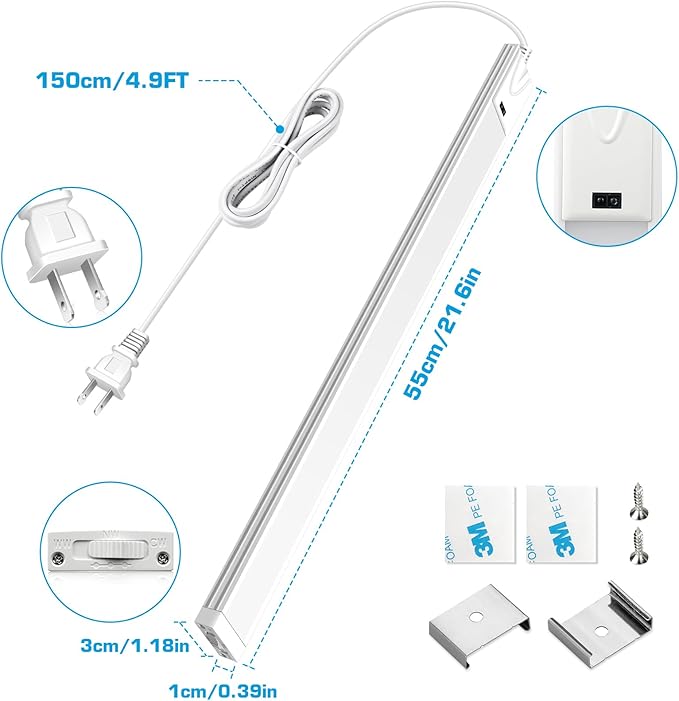 21 Inch Motion Sensor Under Cabinet Lighting, 3CCT Under Cabinet Lights Plug in, Dimmable Closet Lights with Hand Wave, Under Counter Fixtures for Kitchen(1 Pack)