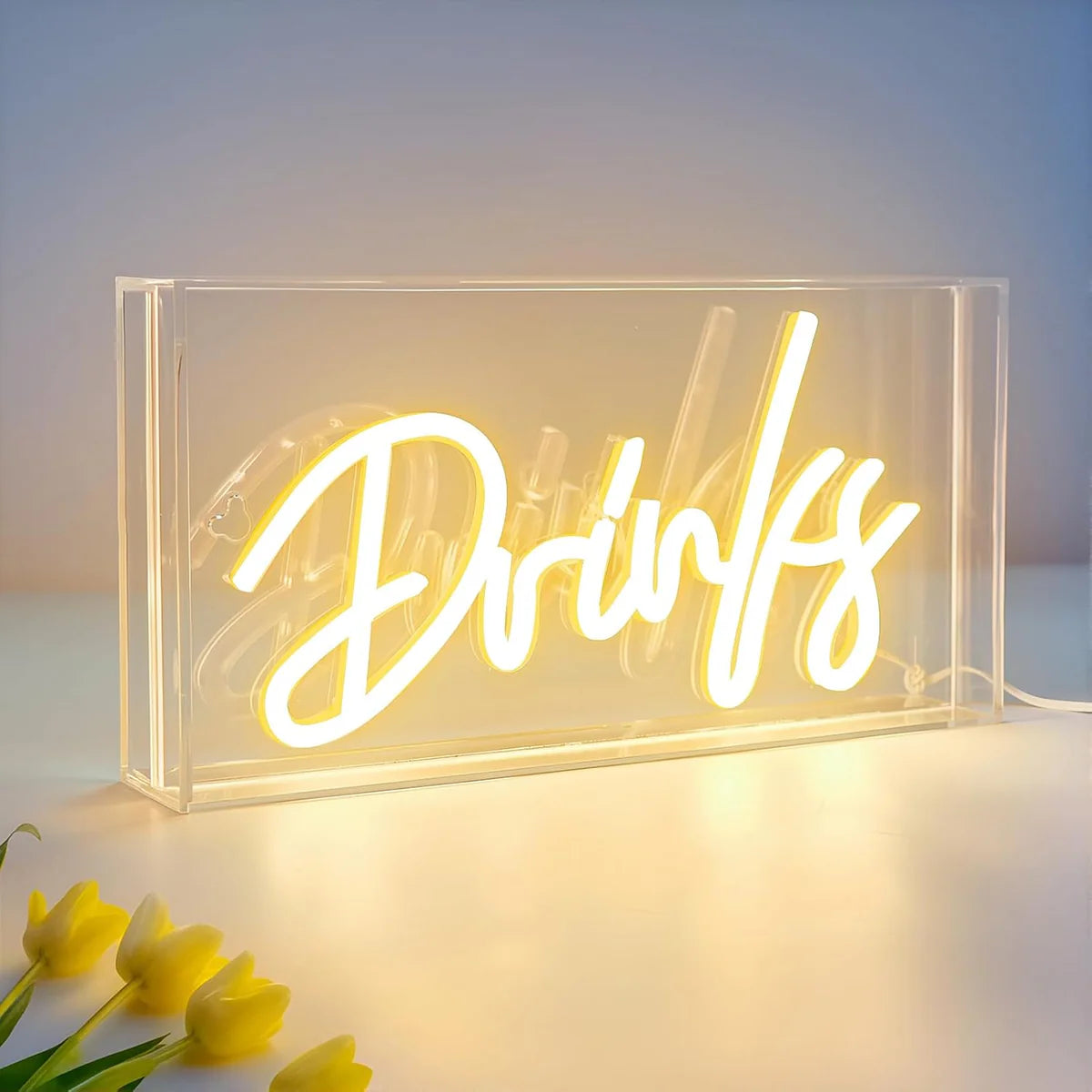DRINKS Desk Lightbox Sign – Warm White/ Pink | Rectangular 12x6 inch | USB Powered | Tabletop Display | For Table Decor, Home Bar, Kitchen, Club, Pub, Restaurant Wall Decor & Bar Cart Accessories
