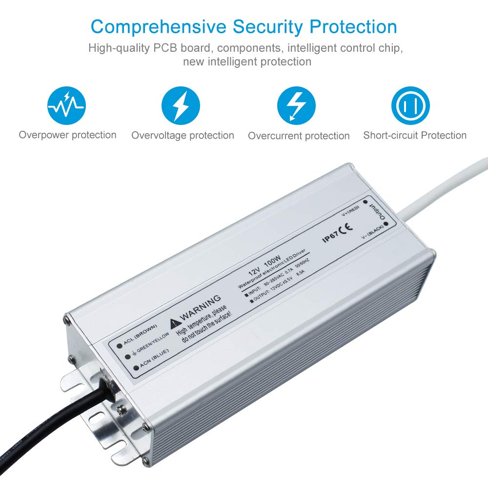 LightingWill LED Driver 100 Watts Waterproof IP67 Power Supply Transformer, 90-265V AC to 12V DC Low Voltage Output, Adapter with 3-Prong Plug 3.3 Feet Cable for Outdoor Use, Computer Project