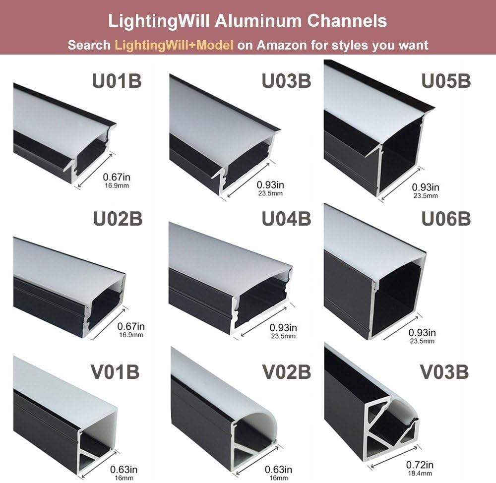 LightingWill Spot Free U Shape LED Aluminum Channel 5-Pack 3.3ft/1M 36x24mm Anodized Black Track Internal Width 20mm with Cover End Caps Mounting Clips for Cabinet Kitchen LED Strip Lighting-U05B5