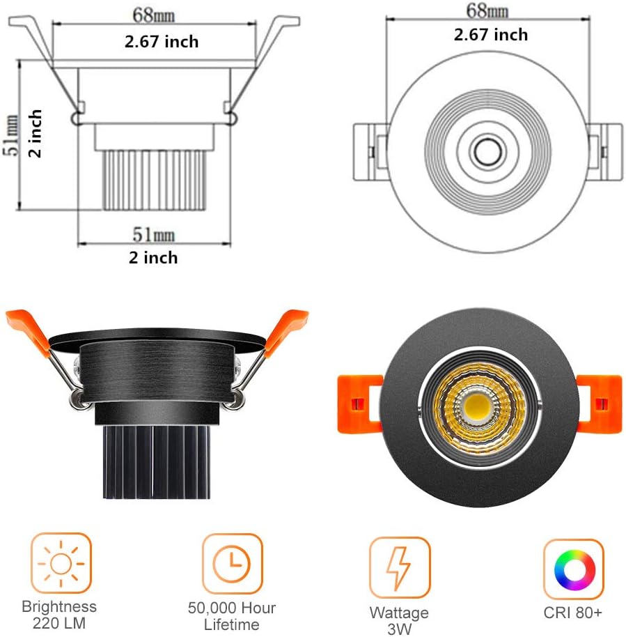 LightingWill 2inch LED Dimmable Downlight, 3W COB Recessed Ceiling Light, Warm White 3000K-3500K, CRI80, 25W Halogen Bulbs Equivalent, Black (4Pack)