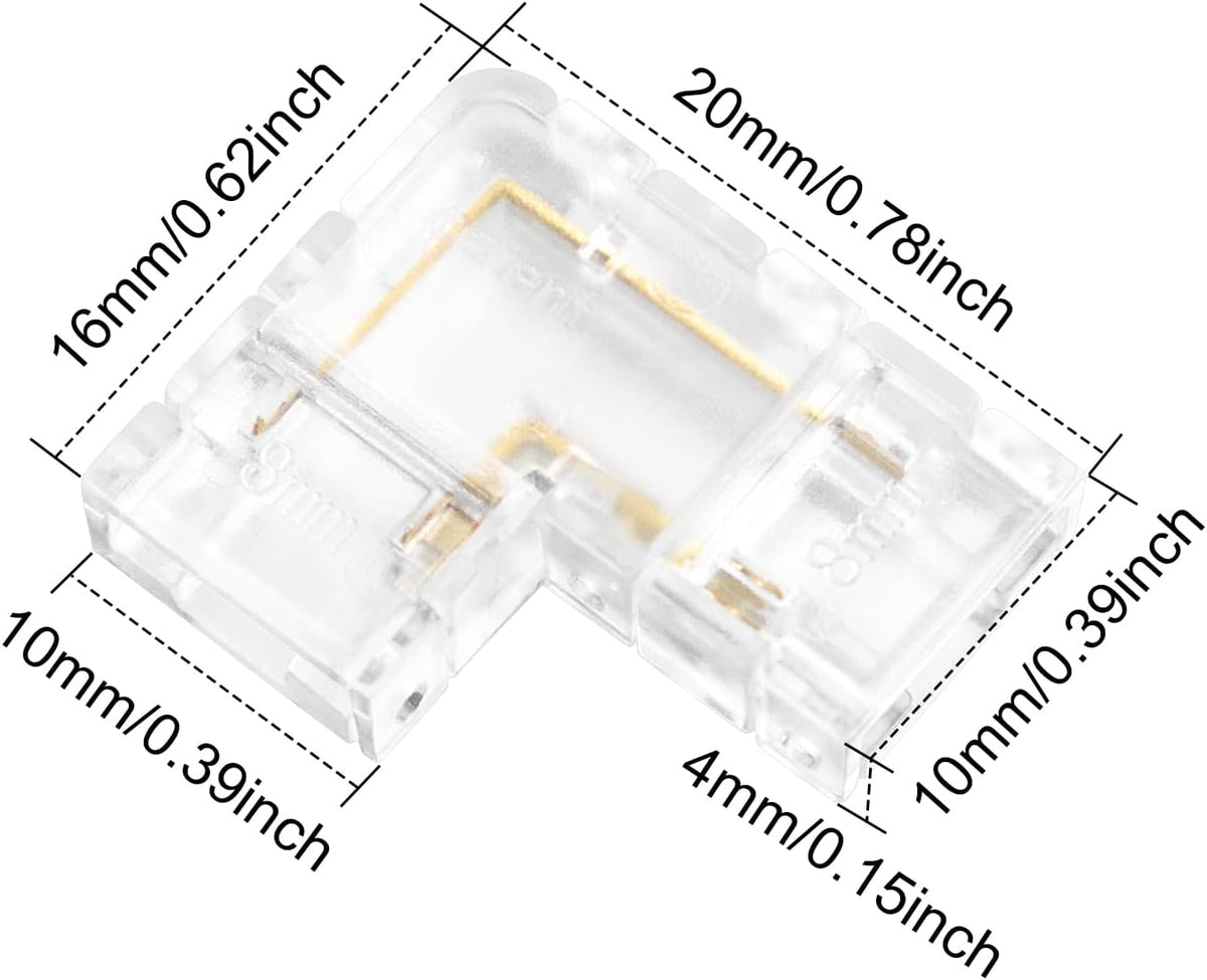 LightingWill LED Connectors 3Pin 10mm, 10 PCS L Shape Connector Transparent Solderless, Right Angle Corner LED Tape Light Connector, 3 Conductor No Dark Area for COB Single Color LED Strips