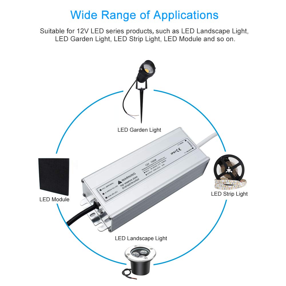 LightingWill LED Driver 100 Watts Waterproof IP67 Power Supply Transformer, 90-265V AC to 12V DC Low Voltage Output, Adapter with 3-Prong Plug 3.3 Feet Cable for Outdoor Use, Computer Project