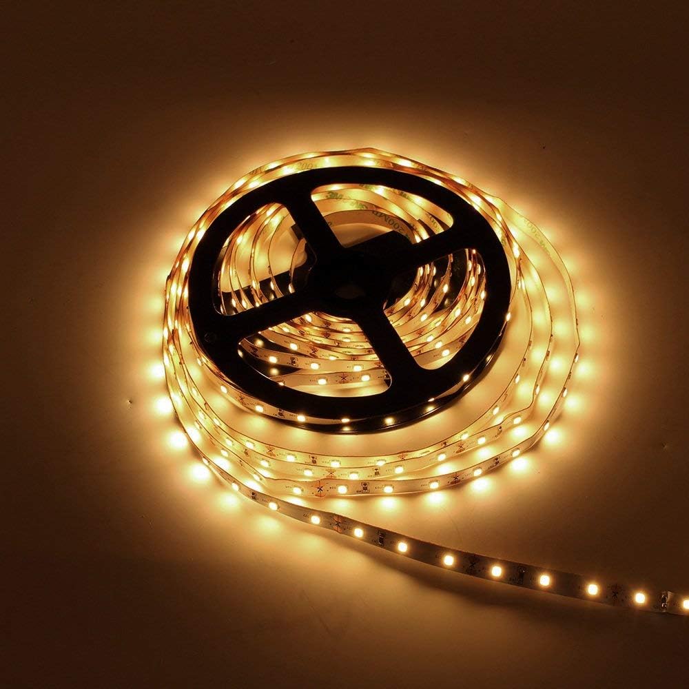 LightingWill LED Strip Light CRI90 SMD3528 16.4Ft(5M) 300LEDs Warm White 3000K-3500K 60LEDs/M DC12V 24W 4.8W/M 8mm White PCB Flexible Ribbon Strip with Adhesive Tape Non-Waterproof H3528WW300N