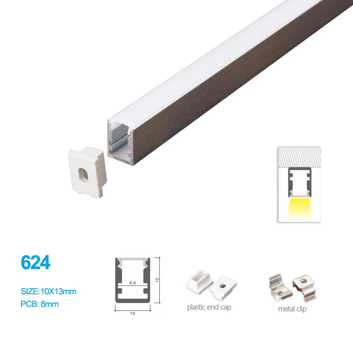 Silver 624-B 10 × 13mm Mini Square Trimless Surface-Mount LED Aluminum Channel, 8mm Inner Width, with Milky White Cover & Installation Accessories