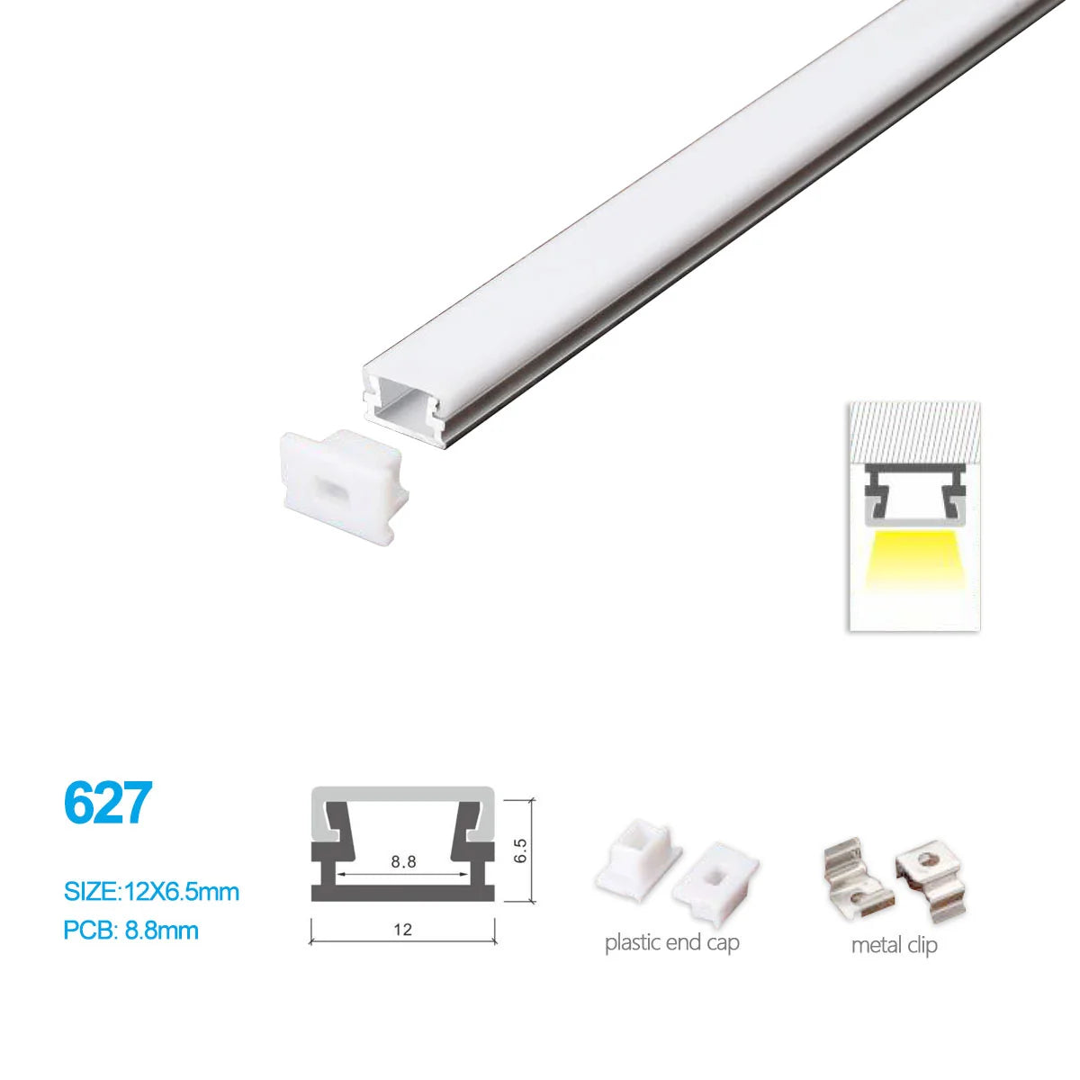 Silver 627-B 12 × 6.5mm LED Aluminum Channel, 8.8mm Inner Width, with Milky White Cover & Installation Accessories