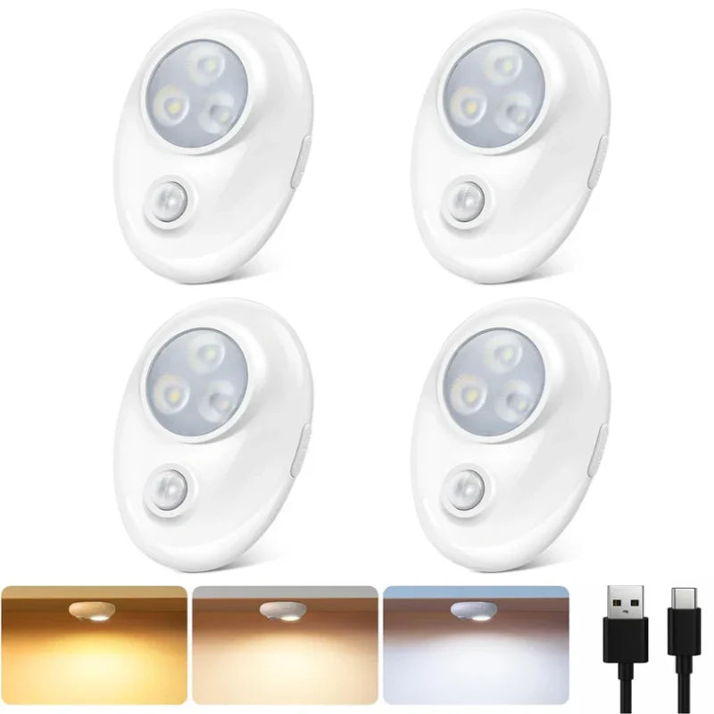 LightingWill Rechargeable Pebble LED Closet Light 4/6 Pack 3 LEDs, 3 Color Modes 3000K / 4000K / 6000K Motion Sensor Dimmable Cabinet Light, Tap Switch, White Finish, Magnetic Mounting