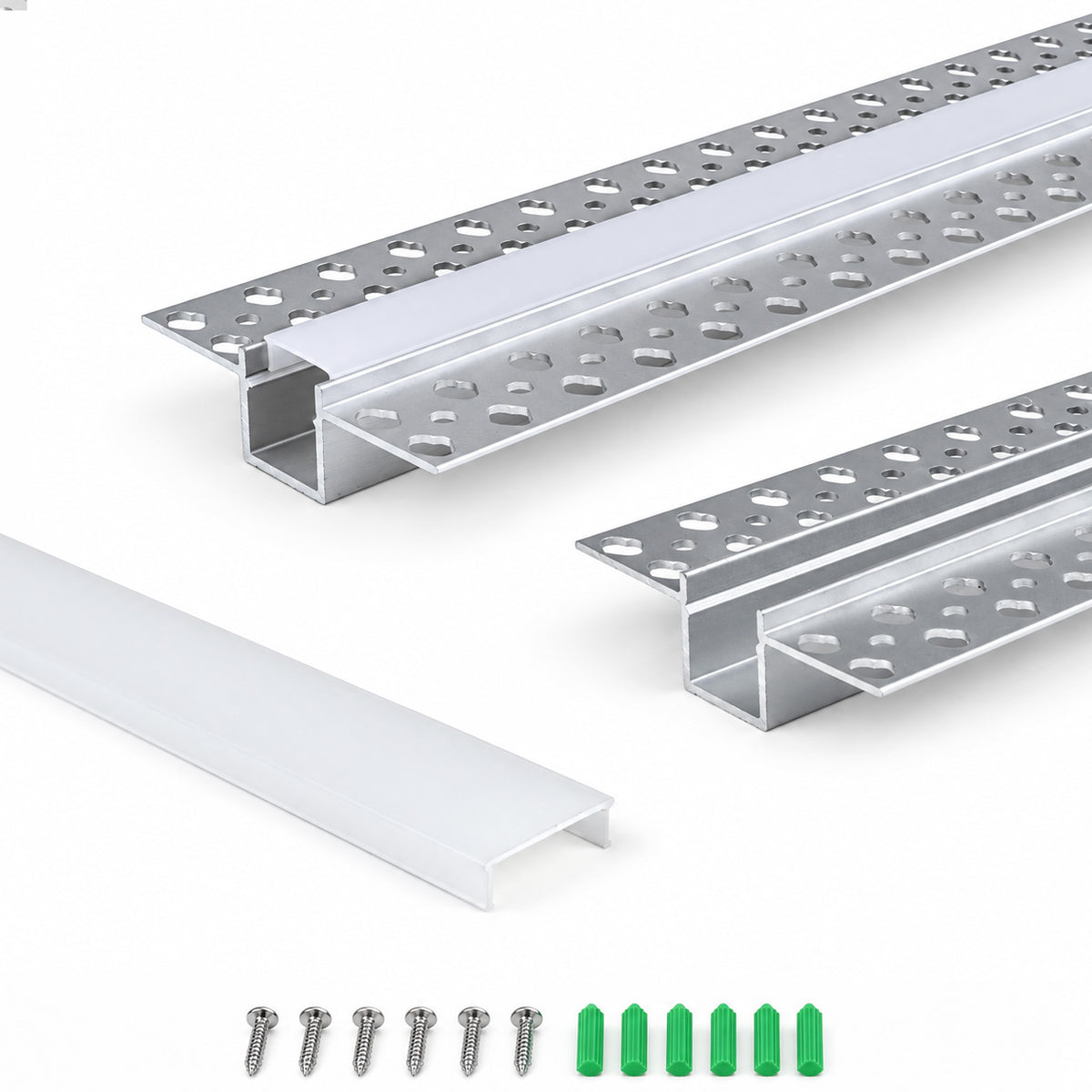 Silver 639 Double-Sided LED Aluminum Channel for Plaster-In Drywall, Fits LED Strips Up to 12mm Wide, with Milky White Diffuser