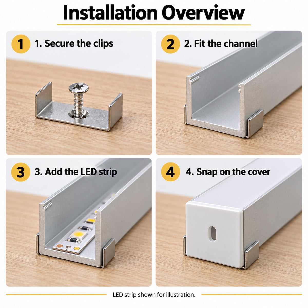 Sliver U06 24 x 24 mm, silberner U-förmiger LED-Aluminiumkanal, schwarzes Gehäuse, Innenbreite 20 mm, mit weißer Diffusor-Abdeckung, Endkappen und Befestigungsclips für die punktfreie Installation von LED-Lichtstreifen
