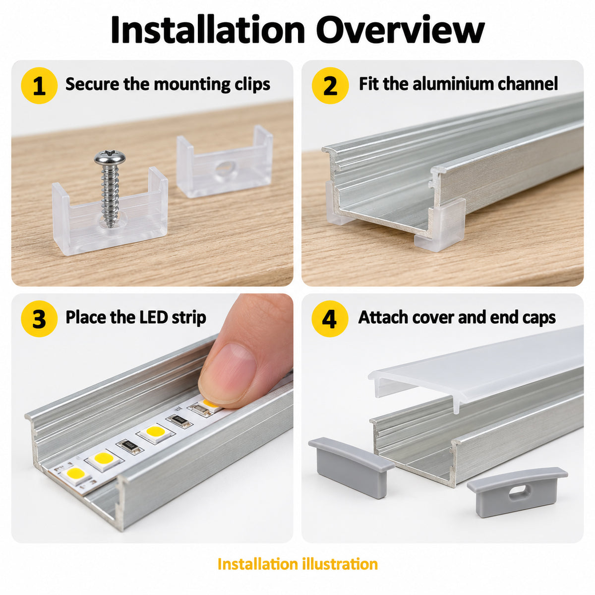 Silver U04 10x23mm U-Shape LED Aluminum Channel, 20mm Inner Width, with Cover, End Caps & Mounting Clips