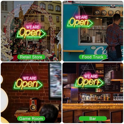 WE ARE OPEN Silicone LED shop signs – USB Powered | 16.1×7.8 inch | Arrow Shape LED Window Sign |  Yellow + Red + Green Glow for Cafes, Restaurants & Retail Shops