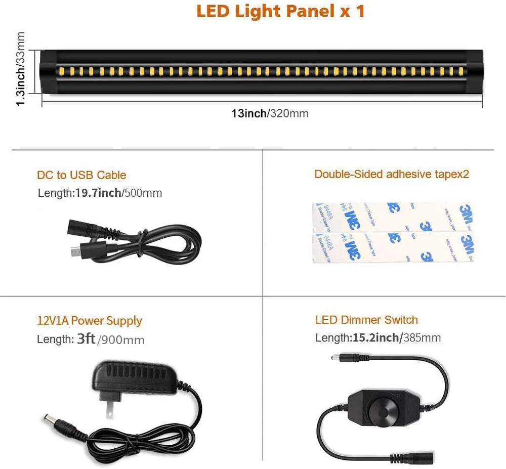 LightingWill 12V 5W 13 Inch Under Cabinet Light 1/2/3 Pack, Knob Dimmer LED Cabinet Light, Warm / Natural White, Adhesive Mount Slim Design for Kitchen and Closet, Black Finish