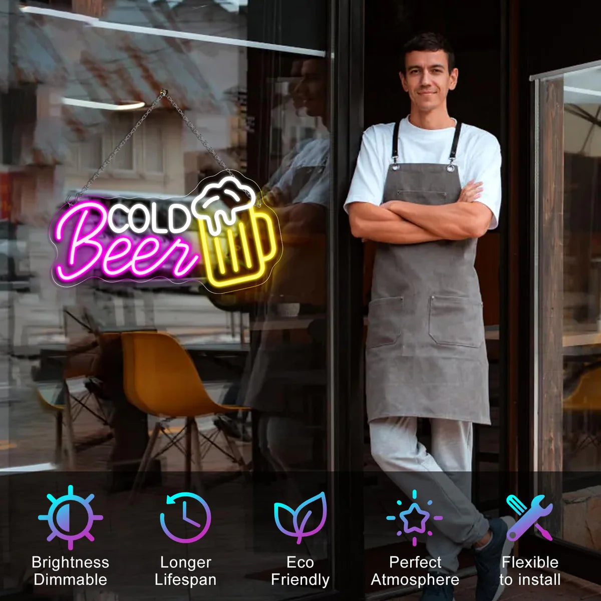 Cold Beer LED Sign – Multi-Color Glow | 16.5 × 8.8 inch | USB Powered | Hanging | Ideal for Bar, Pub, Lounge, Nightclub, Party Mood Lighting