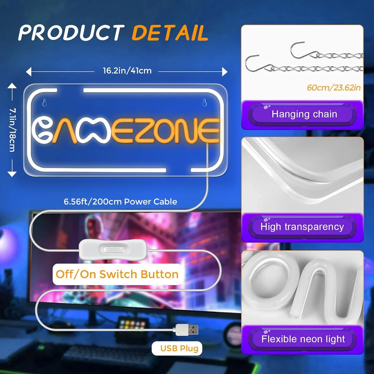 LED Neon Signs – GAME ZONE Silicone Neon Sign – 16.2×7.1 Inch | 5V USB Powered White & Orange Glow LED Wall Light | Neon Lamp with Accessories Included | Hanging Gaming Decor for Gaming Room, Bedroom, Setup & Party Spaces