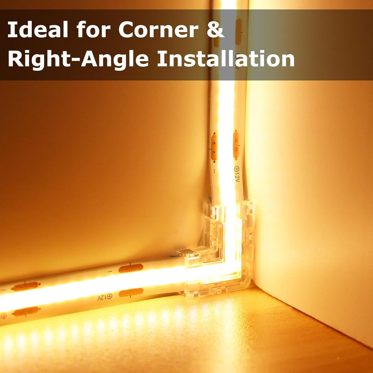 LightingWill LED Connectors 3Pin 10mm, 10 PCS L Shape Connector Transparent Solderless, Right Angle Corner LED Tape Light Connector, 3 Conductor No Dark Area for COB Single Color LED Strips