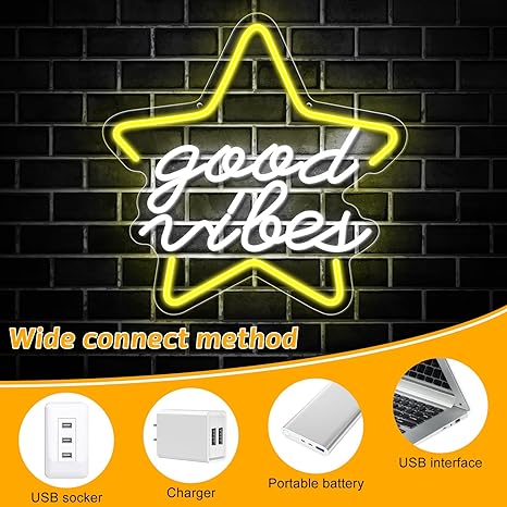 Star Good Vibes Neon Sign for Game Room Decor, 15.7*15.7'' Light Up Neon Lights Powered by USB with ON/OFF Switch, Man Cave, Kids Room,Super Star Gaming Wall Decor Gamer Gifts for Boys, Kid, Monther's Day(White)