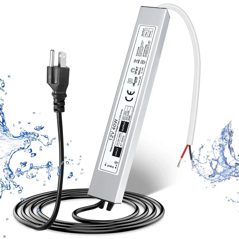 12V Waterproof LED Power Supply, 30W–300W Outdoor LED Driver, 90–265V AC Input, Single or Dual Wire Output, CE/RoHS/FCC Certified, US / UK / EU Plug &amp; Wire Lead Options