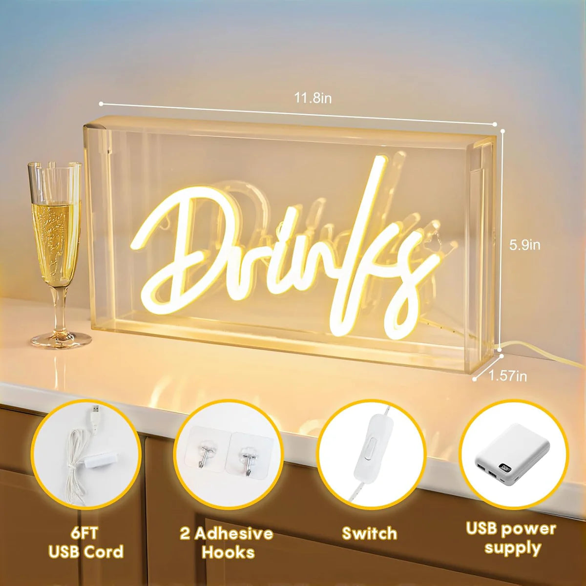 DRINKS Desk Lightbox Sign – Warm White/ Pink | Rectangular 12x6 inch | USB Powered | Tabletop Display | For Table Decor, Home Bar, Kitchen, Club, Pub, Restaurant Wall Decor & Bar Cart Accessories