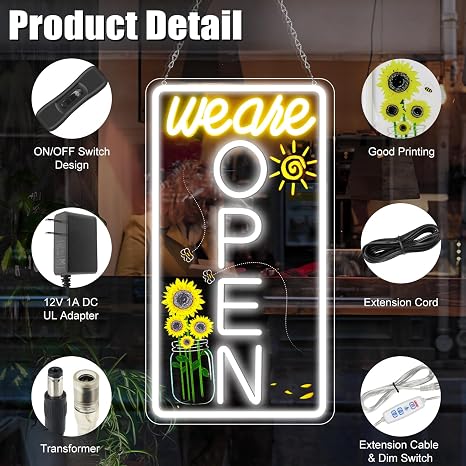 We Are Open Vertical Silicone LED shop signs – Warm White / Neutral White  | 16.5 × 9 inch |Window Hanging | Plug & Play for Cafes, Restaurants & Retail Shops