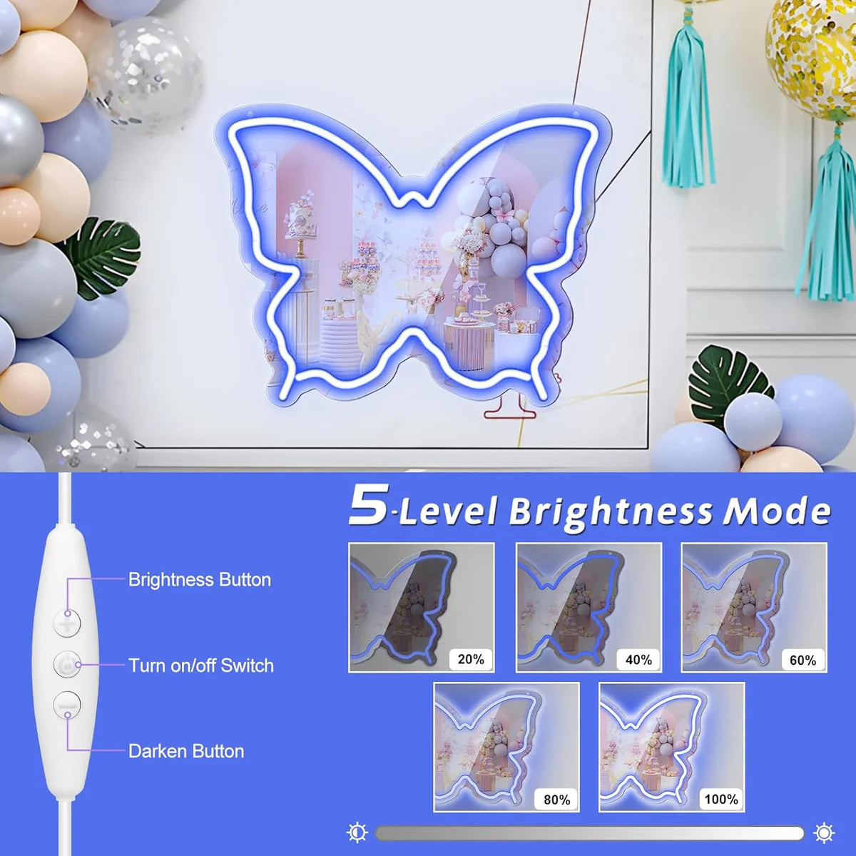 Butterfly Mirror Vanity Sign – Blue/Ice Blue/Pink/Purple/Warm White Neon Outline | 15.7×12 inch | USB Powered | Perfect for Vanity Decor