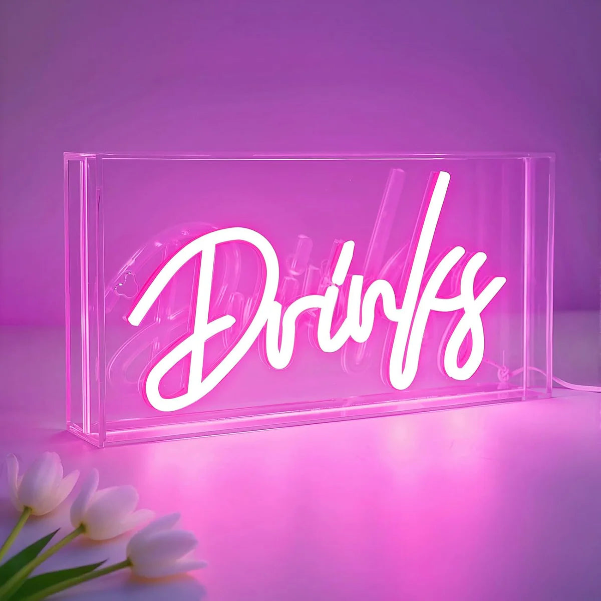 DRINKS Desk Lightbox Sign – Warm White/ Pink | Rectangular 12x6 inch | USB Powered | Tabletop Display | For Table Decor, Home Bar, Kitchen, Club, Pub, Restaurant Wall Decor & Bar Cart Accessories