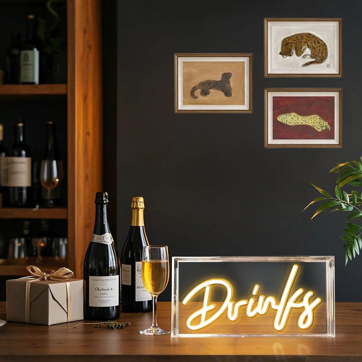 DRINKS Desk Lightbox Sign – Warm White/ Pink | Rectangular 12x6 inch | USB Powered | Tabletop Display | For Table Decor, Home Bar, Kitchen, Club, Pub, Restaurant Wall Decor & Bar Cart Accessories