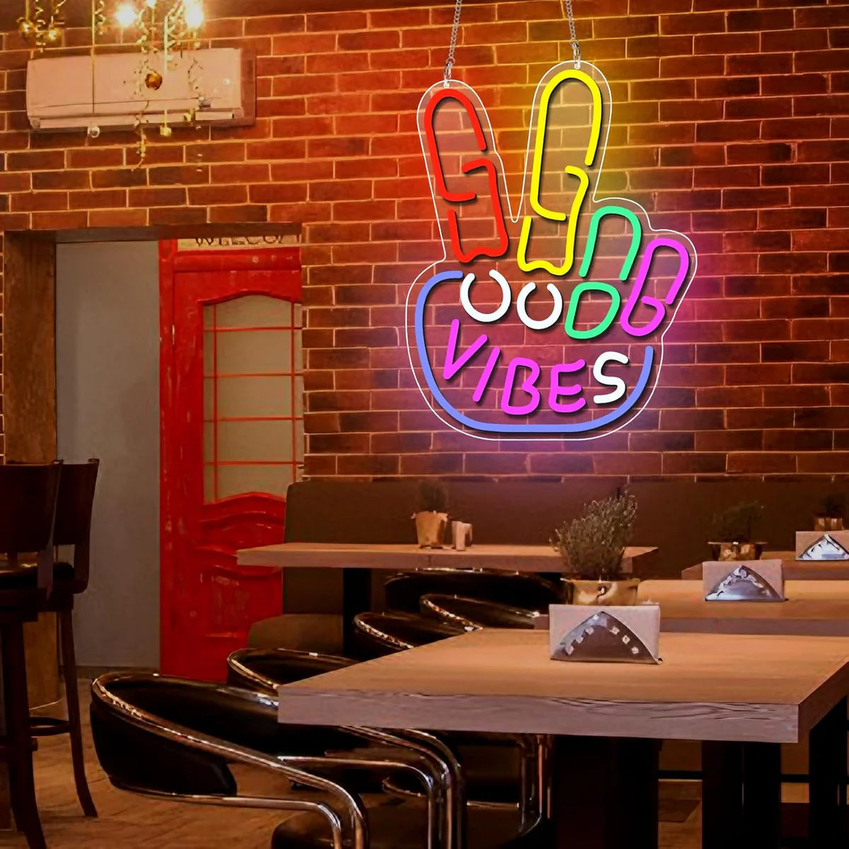 Good Vibes LED Sign – Peace Hand Sign | USB Neon Light for Wall Decor | 17×13 inch | Hanging | Ideal for Bedroom, Dorm, Lounge, Party Mood Lighting