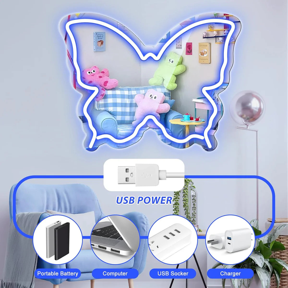 Butterfly Mirror Vanity Sign – Blue/Ice Blue/Pink/Purple/Warm White Neon Outline | 15.7×12 inch | USB Powered | Perfect for Vanity Decor