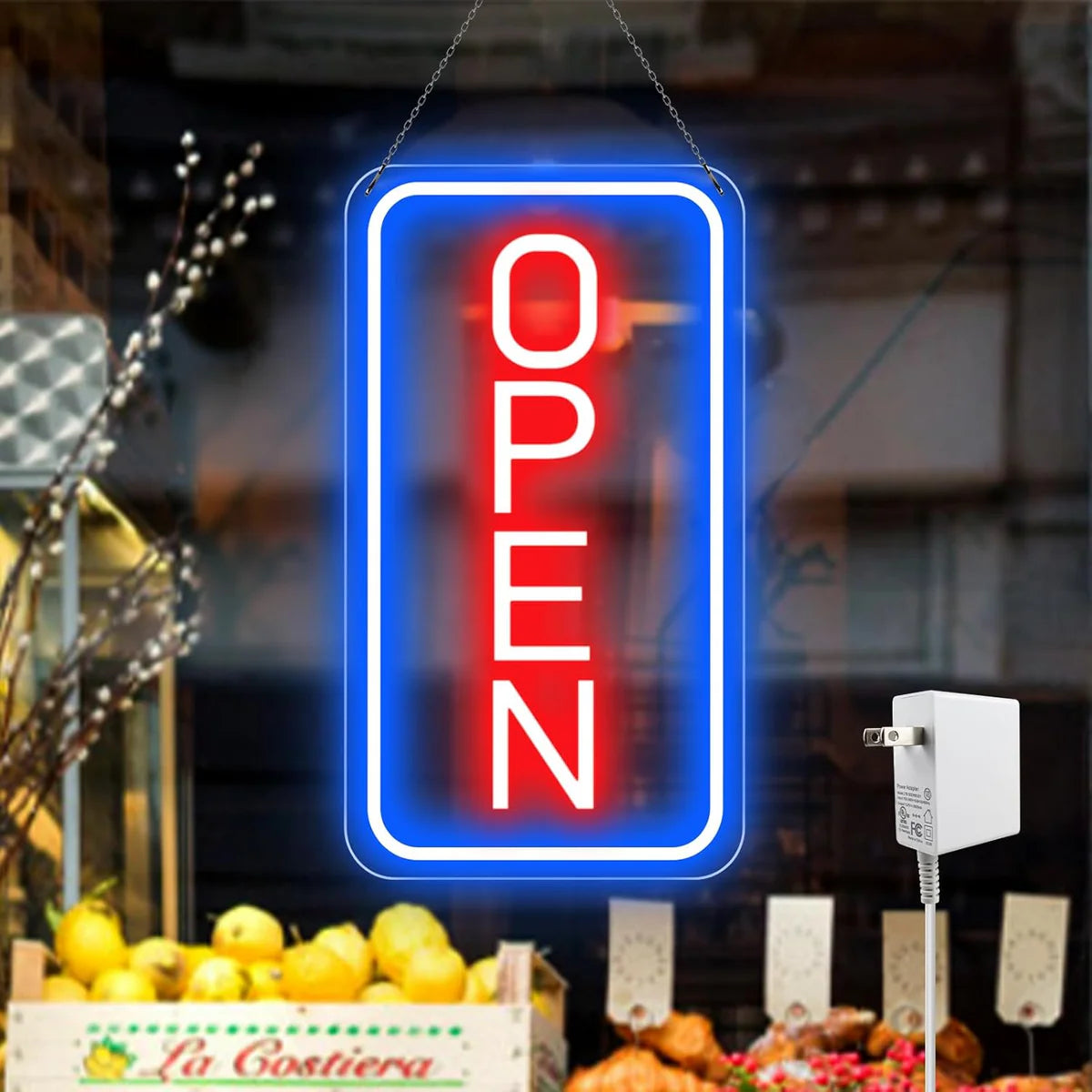 OPEN Neon LED Sign – 5 Glow Color Options | Vertical Rectangular | 16×9 / 23×12 inch | Window Hanging | Plug & Play for Storefronts