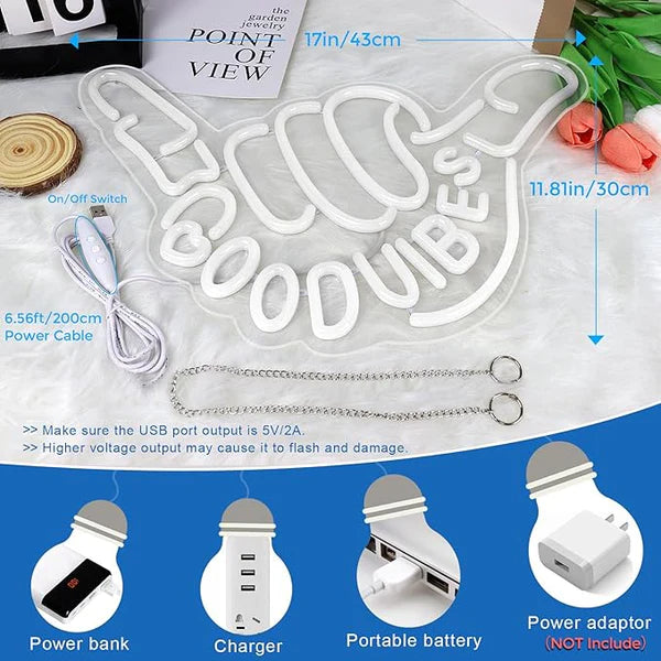 Good Vibes LED Sign – Shaka Hand Sign | USB Neon Light for Wall Decor | 17×13 inch | Hanging | Ideal for Bedroom, Dorm, Lounge, Party