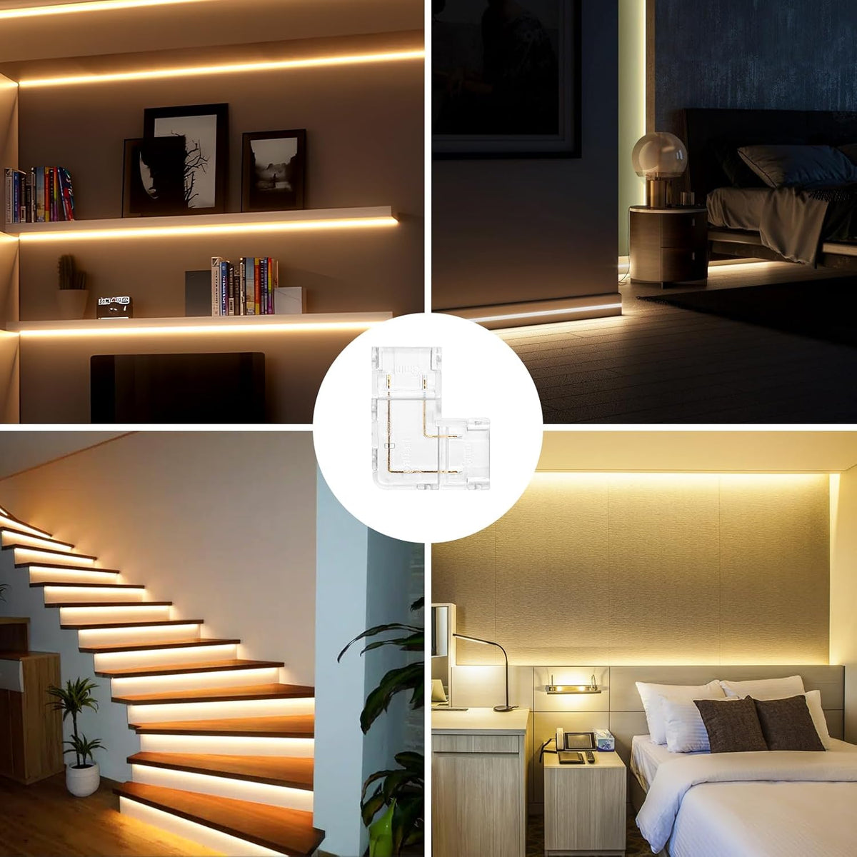 LightingWill LED Connectors 3Pin 10mm, 10 PCS L Shape Connector Transparent Solderless, Right Angle Corner LED Tape Light Connector, 3 Conductor No Dark Area for COB Single Color LED Strips