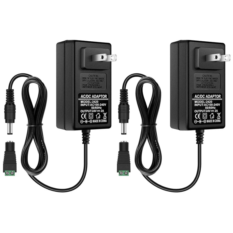 Power Supply Adapter DC 24V 48W–72W, AC 100–240V Switching Transformer LED Driver Wall Plug Charger with US Plug, Black Case for LED Strip Lights and Electronics