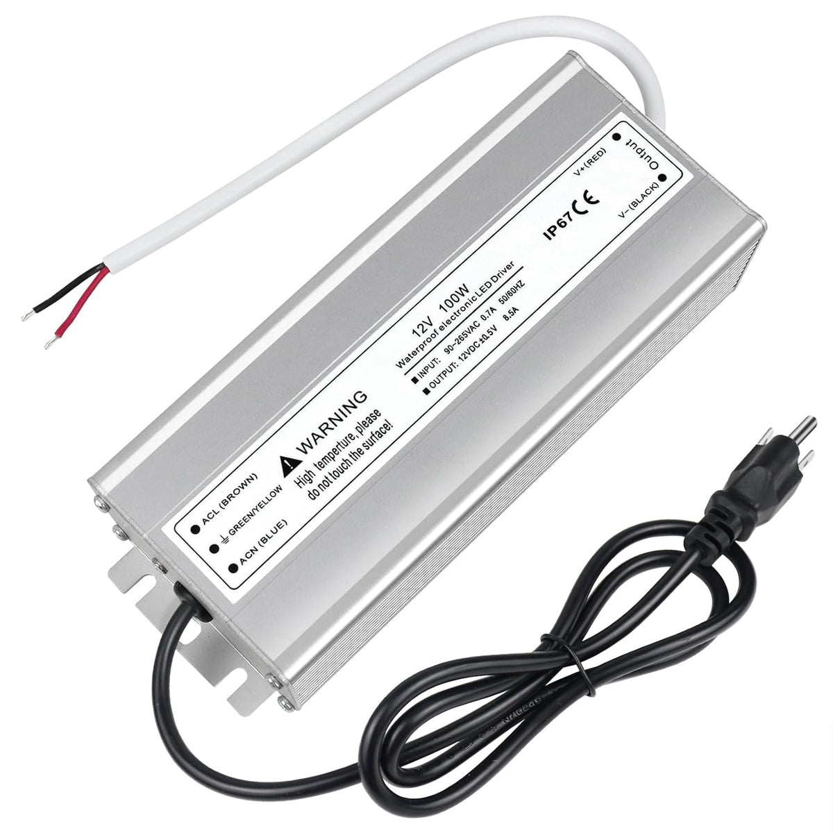 LightingWill LED Driver 100 Watts Waterproof IP67 Power Supply Transformer, 90-265V AC to 12V DC Low Voltage Output, Adapter with 3-Prong Plug 3.3 Feet Cable for Outdoor Use, Computer Project