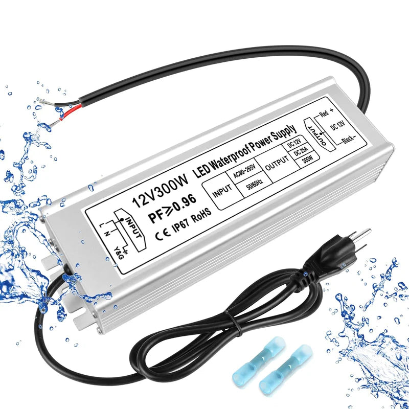 12V Waterproof LED Power Supply, 30W–300W Outdoor LED Driver, 90–265V AC Input, Single or Dual Wire Output, CE/RoHS/FCC Certified, US / UK / EU Plug &amp; Wire Lead Options